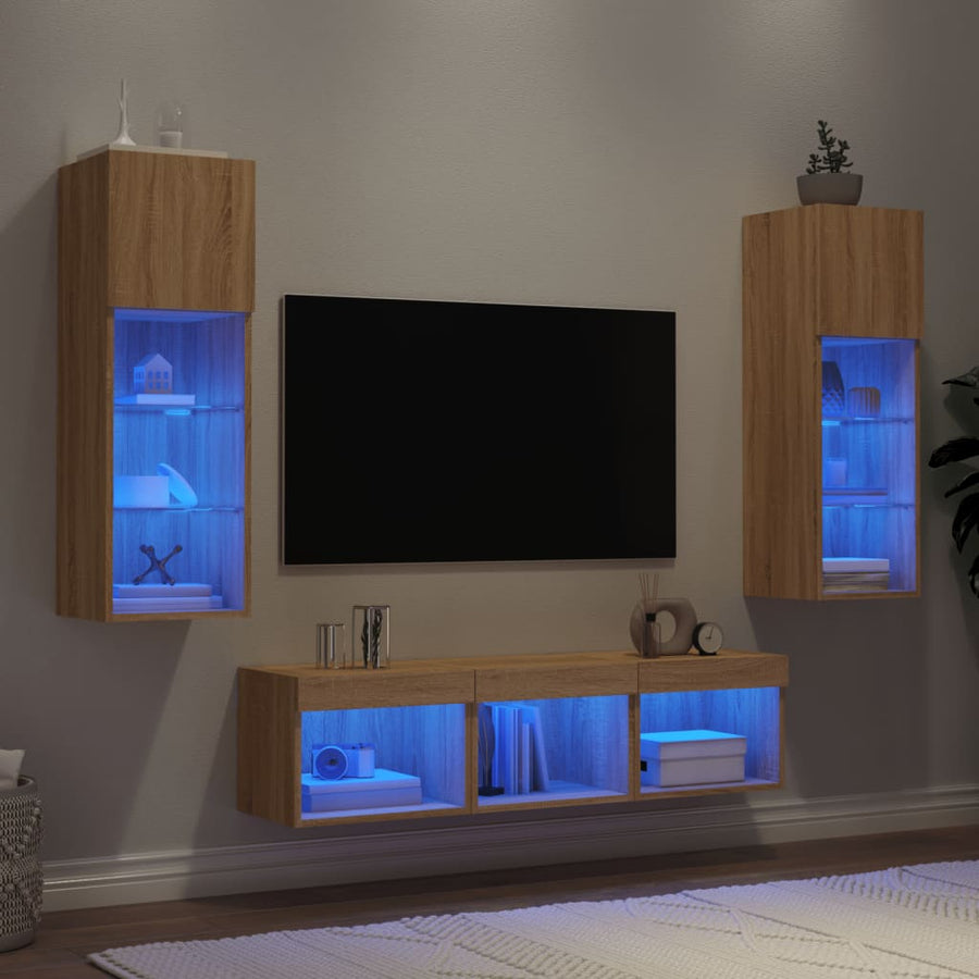 5-Delige Tv-Wandmeubelset Met Led Bewerkt Hout Sonoma eiken