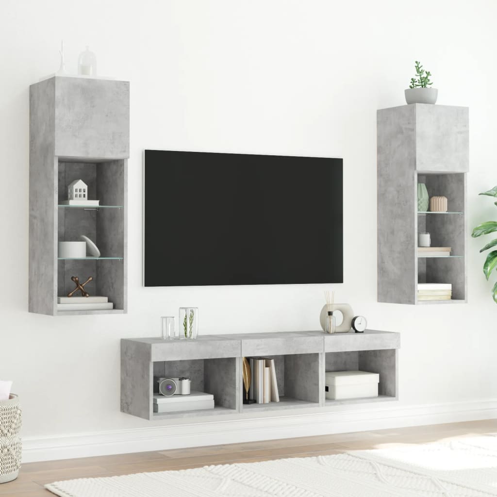 5-delige Tv-wandmeubelset met LED bewerkt hout betongrijs