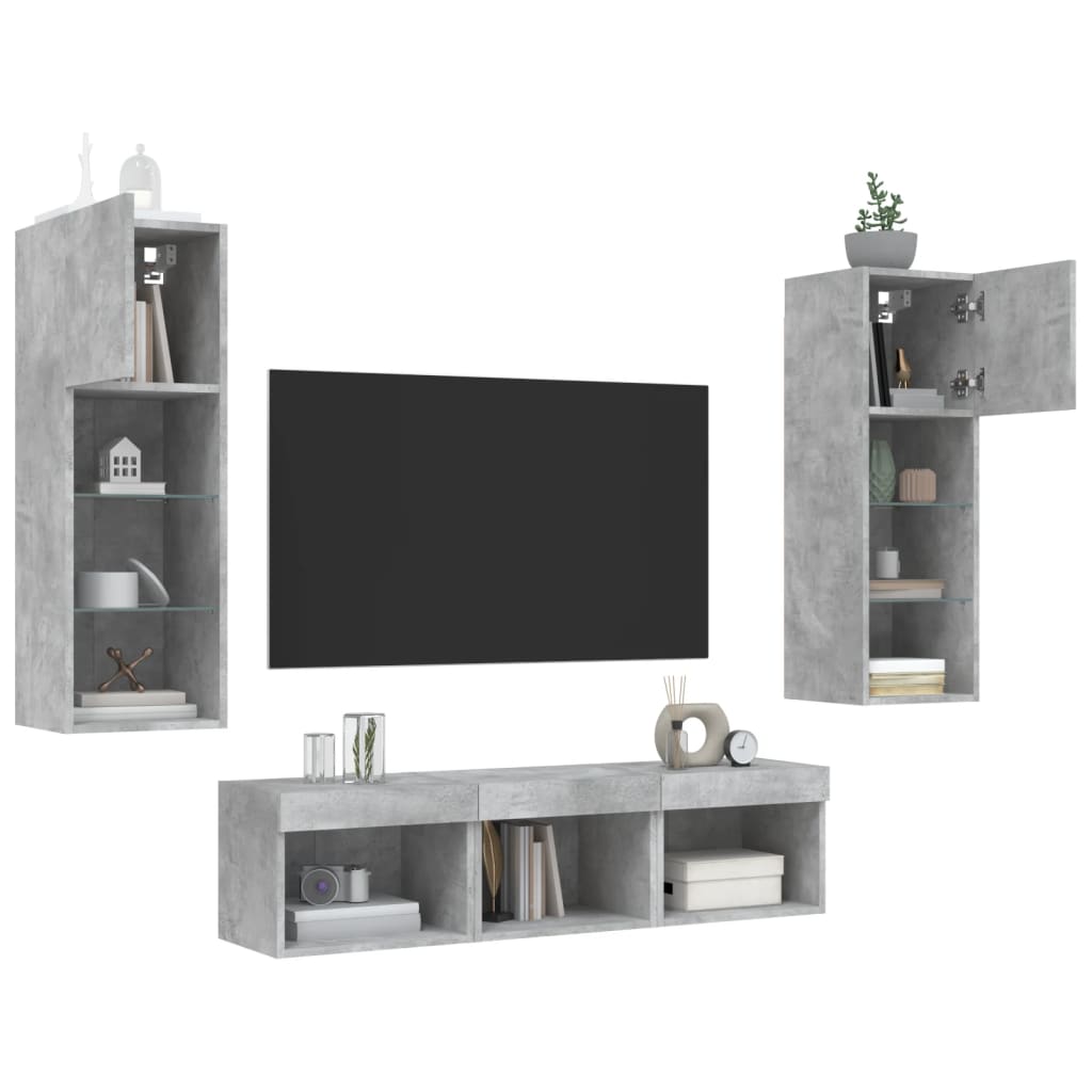 5-delige Tv-wandmeubelset met LED bewerkt hout betongrijs
