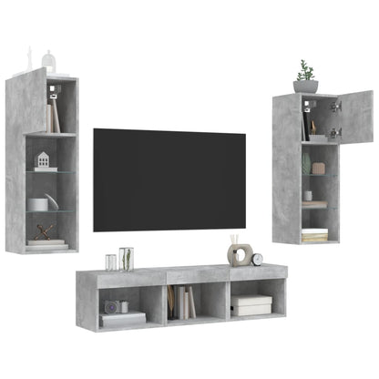 5-delige Tv-wandmeubelset met LED bewerkt hout betongrijs