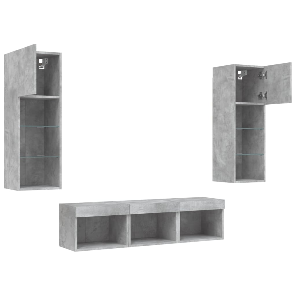 5-delige Tv-wandmeubelset met LED bewerkt hout betongrijs
