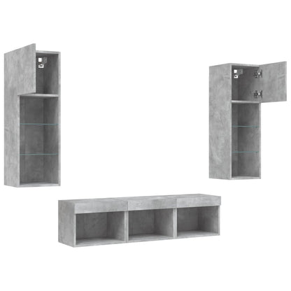 5-delige Tv-wandmeubelset met LED bewerkt hout betongrijs