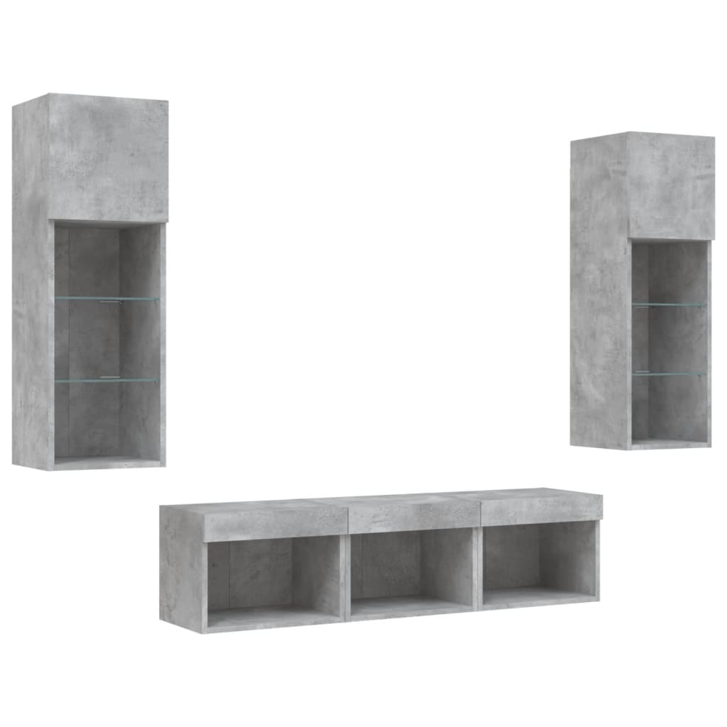 5-delige Tv-wandmeubelset met LED bewerkt hout betongrijs