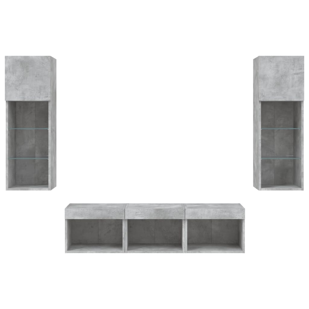 5-delige Tv-wandmeubelset met LED bewerkt hout betongrijs
