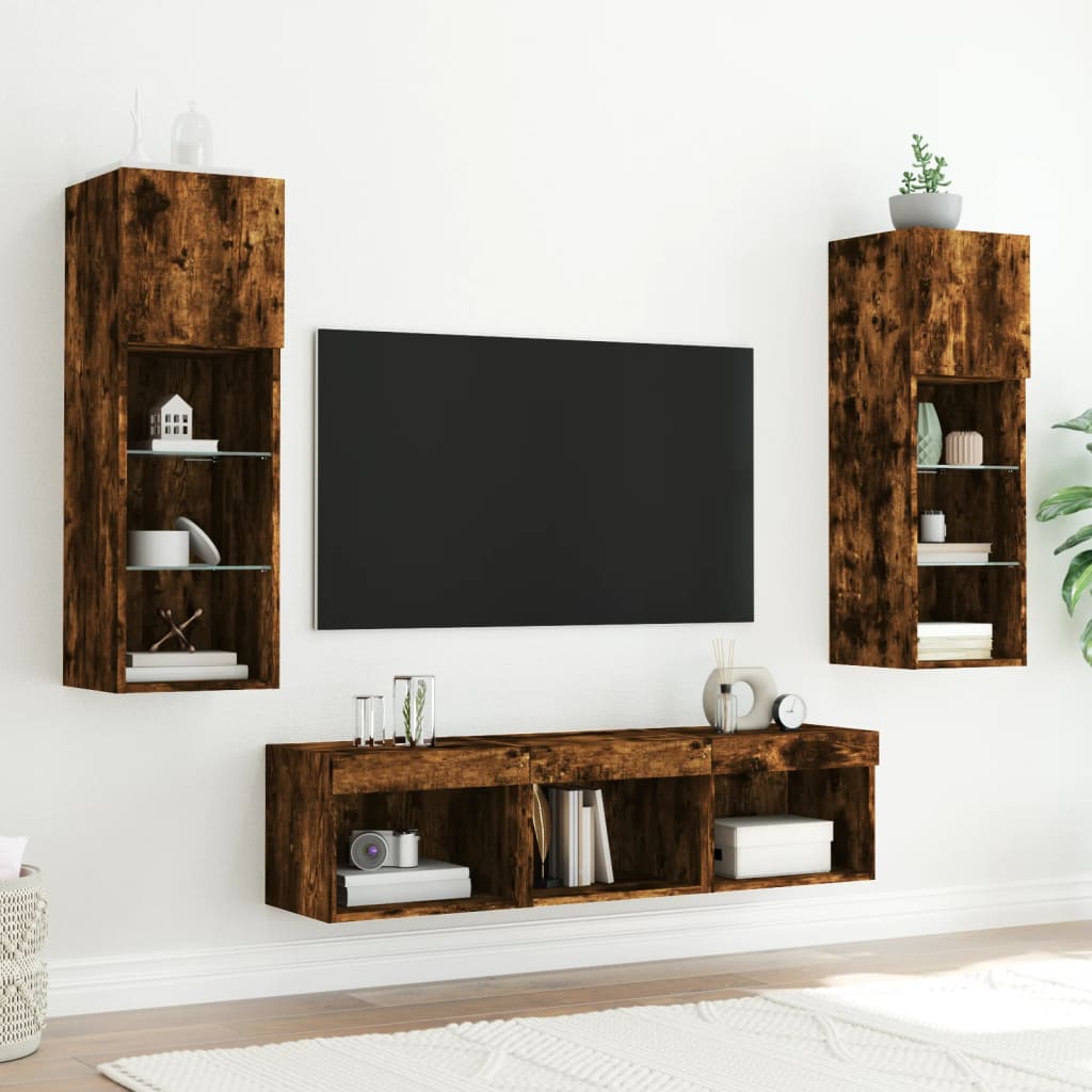 5-delige tv-wandmeubelset met LED bewerkt hout gerookt eiken