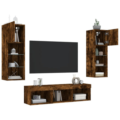 5-delige tv-wandmeubelset met LED bewerkt hout gerookt eiken