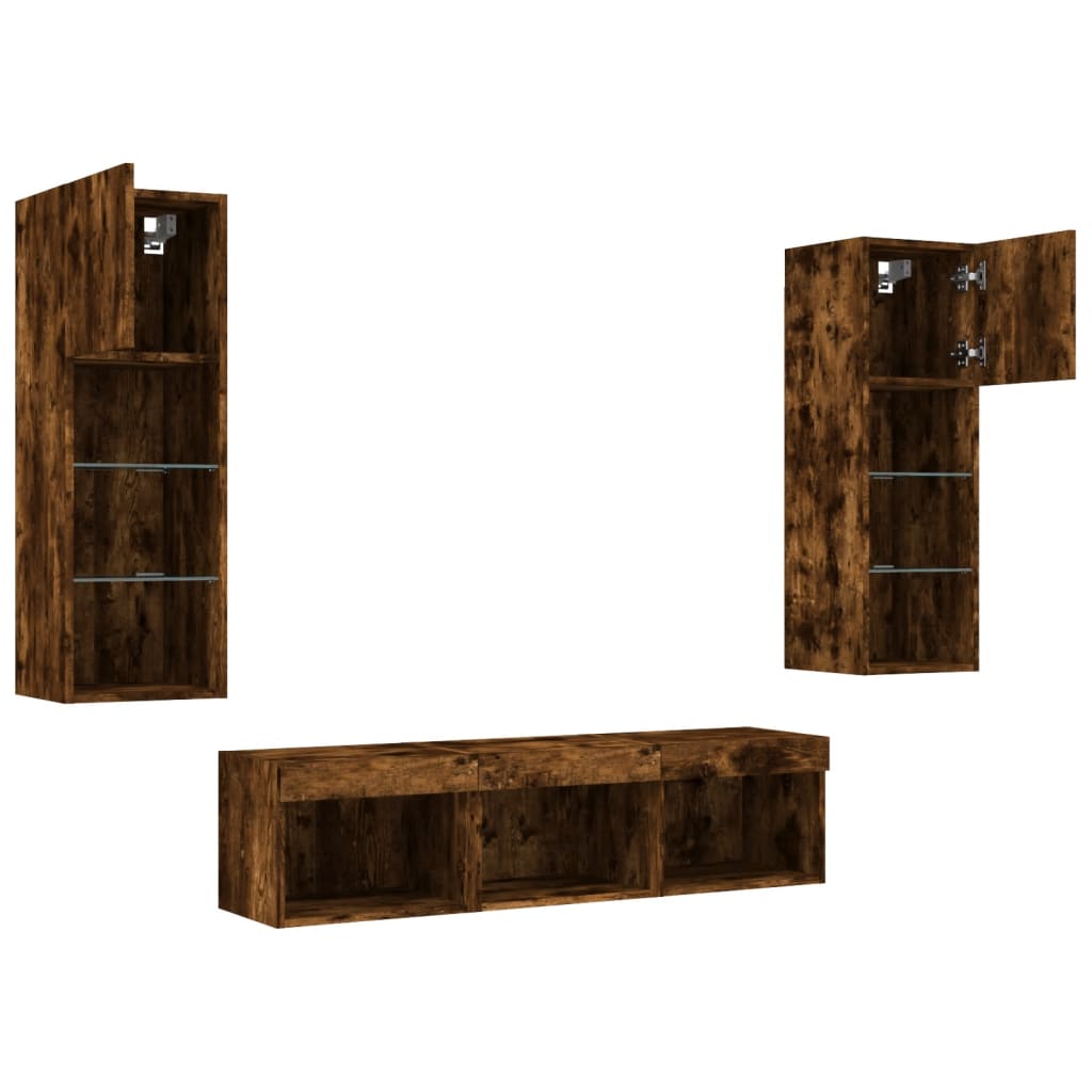 5-delige tv-wandmeubelset met LED bewerkt hout gerookt eiken