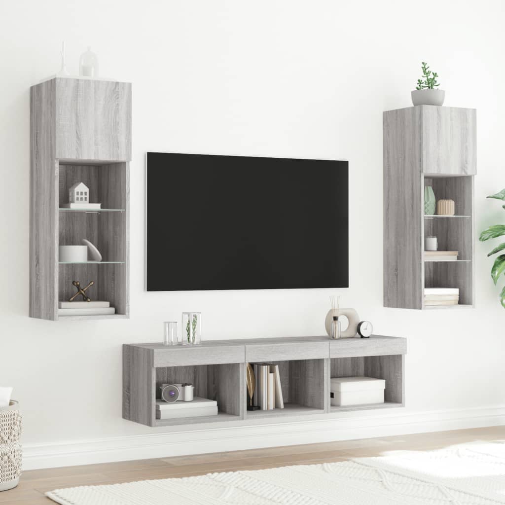5-delige Tv-wandmeubelset met LED grijs sonoma eikenkleurig