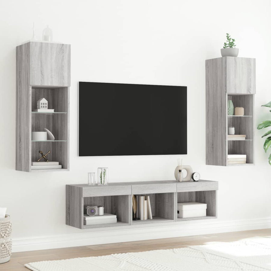 5-delige Tv-wandmeubelset met LED grijs sonoma eikenkleurig
