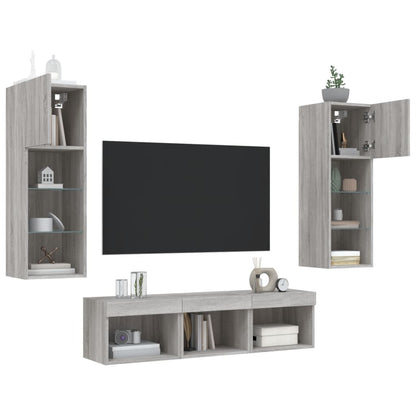 5-delige Tv-wandmeubelset met LED grijs sonoma eikenkleurig