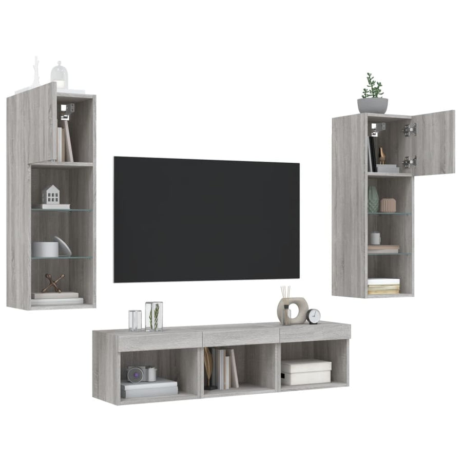 5-delige Tv-wandmeubelset met LED grijs sonoma eikenkleurig
