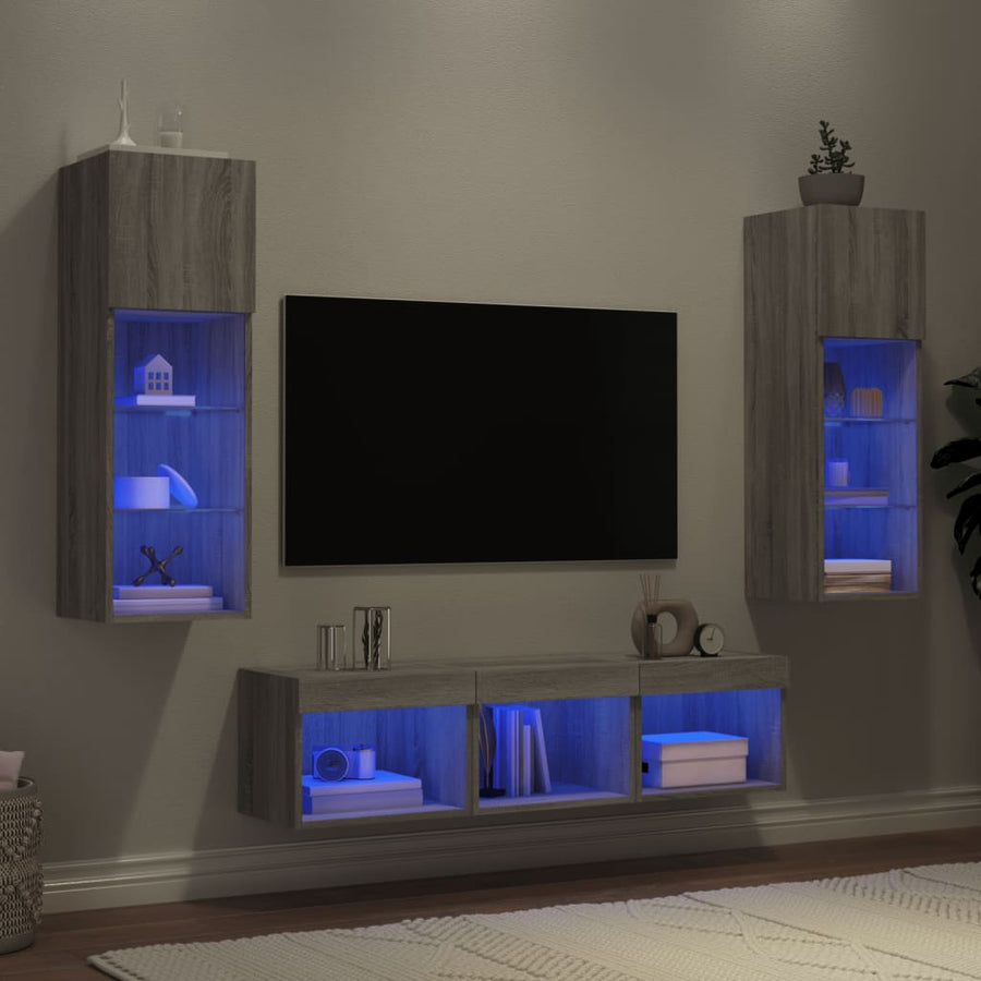 5-delige Tv-wandmeubelset met LED grijs sonoma eikenkleurig