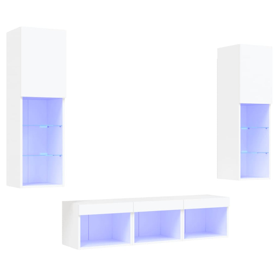 -Delige Tv-Wandmeubelset Met Led-Verlichting Bewerkt Hout Wit