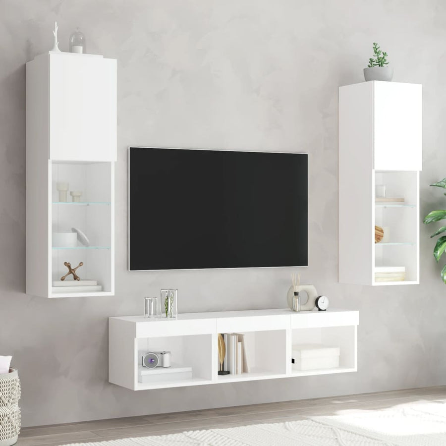 -Delige Tv-Wandmeubelset Met Led-Verlichting Bewerkt Hout Wit