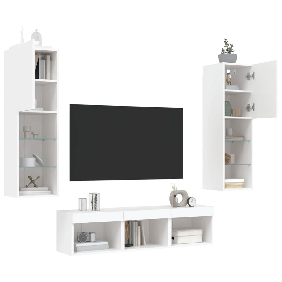 -Delige Tv-Wandmeubelset Met Led-Verlichting Bewerkt Hout Wit