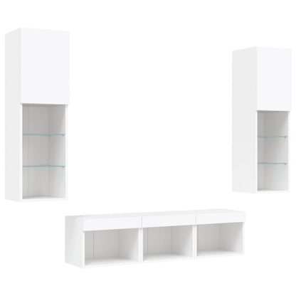 -Delige Tv-Wandmeubelset Met Led-Verlichting Bewerkt Hout Wit