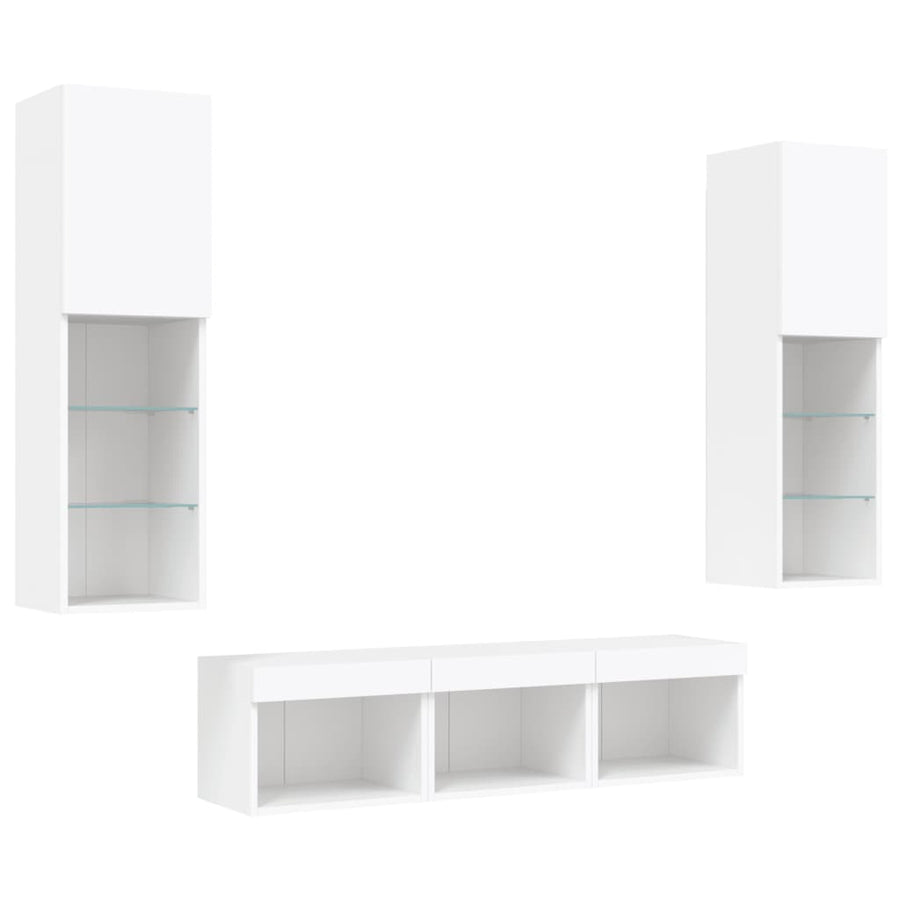 -Delige Tv-Wandmeubelset Met Led-Verlichting Bewerkt Hout Wit