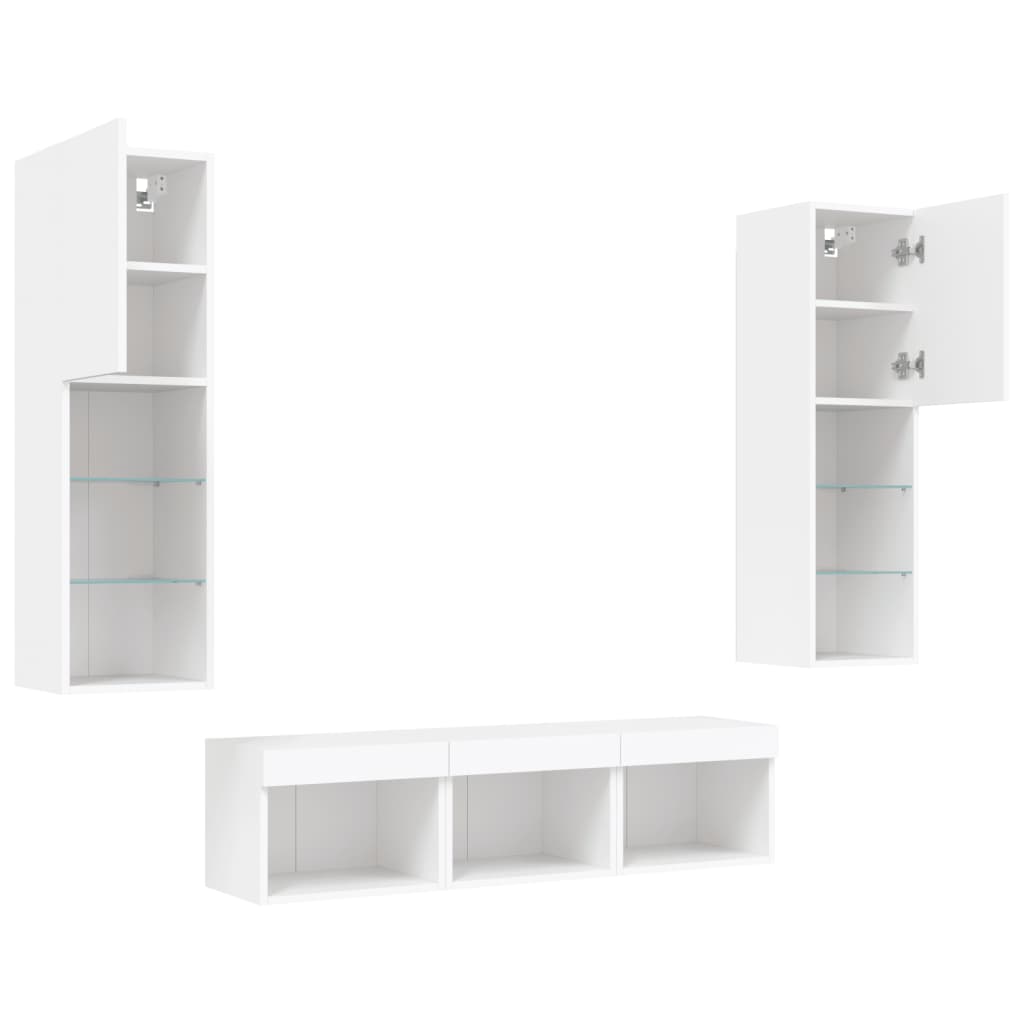 -Delige Tv-Wandmeubelset Met Led-Verlichting Bewerkt Hout Wit