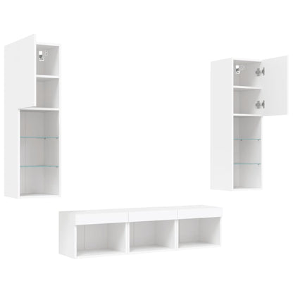 -Delige Tv-Wandmeubelset Met Led-Verlichting Bewerkt Hout Wit