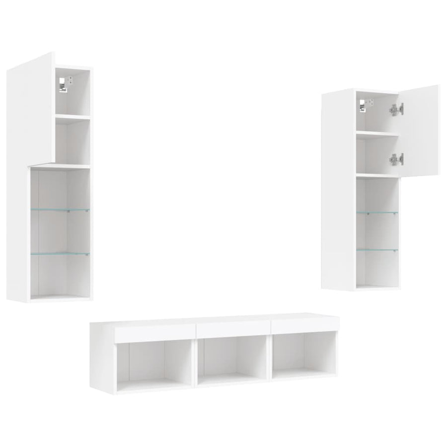 -Delige Tv-Wandmeubelset Met Led-Verlichting Bewerkt Hout Wit