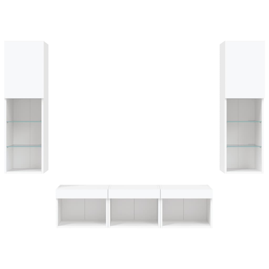 -Delige Tv-Wandmeubelset Met Led-Verlichting Bewerkt Hout Wit