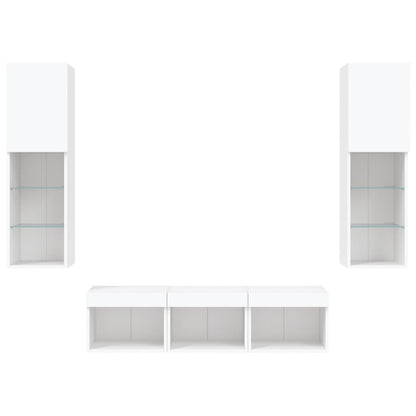 -Delige Tv-Wandmeubelset Met Led-Verlichting Bewerkt Hout Wit
