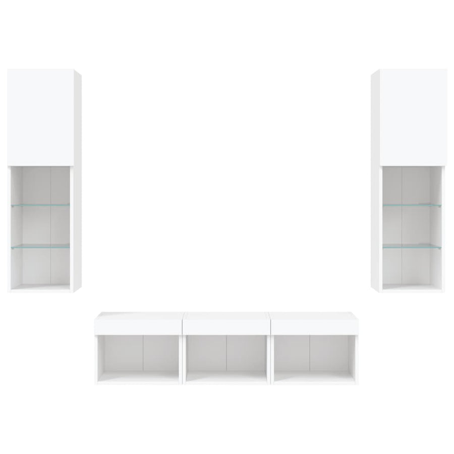 -Delige Tv-Wandmeubelset Met Led-Verlichting Bewerkt Hout Wit