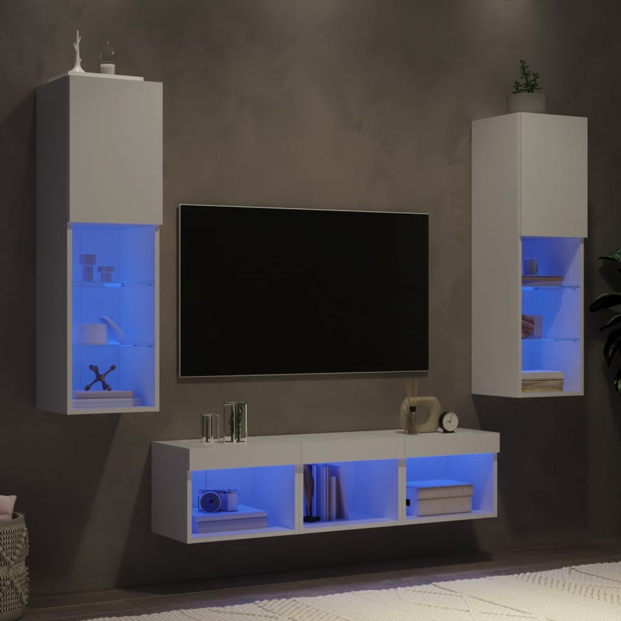 -Delige Tv-Wandmeubelset Met Led-Verlichting Bewerkt Hout Wit