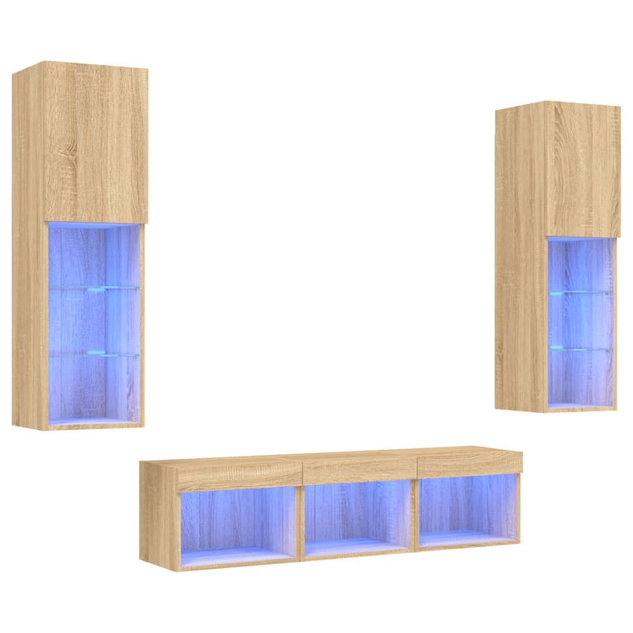 -Delige Tv-Wandmeubelset Met Led Bewerkt Hout Sonoma eiken