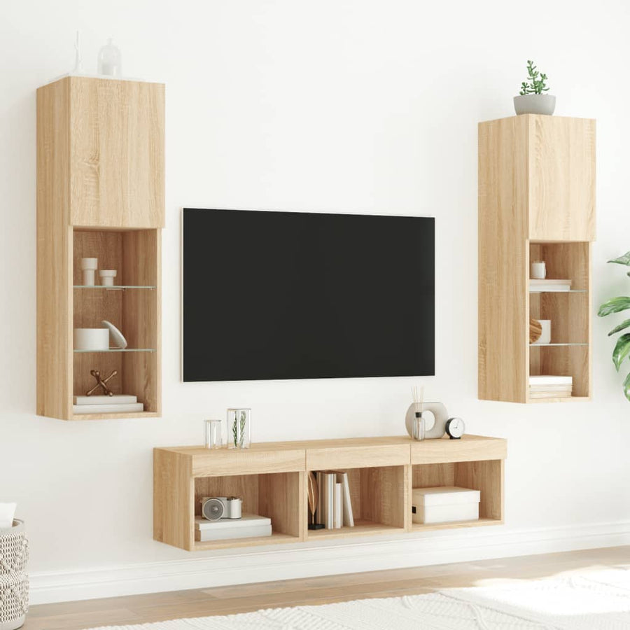 -Delige Tv-Wandmeubelset Met Led Bewerkt Hout Sonoma eiken
