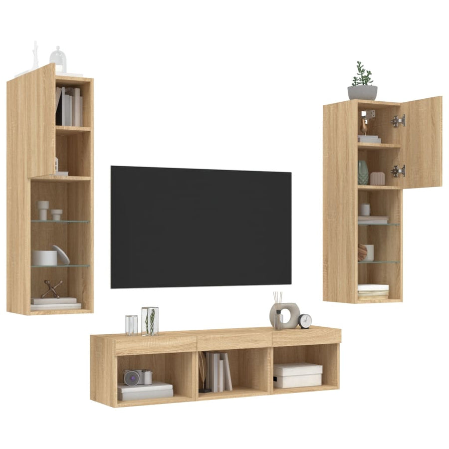 -Delige Tv-Wandmeubelset Met Led Bewerkt Hout Sonoma eiken
