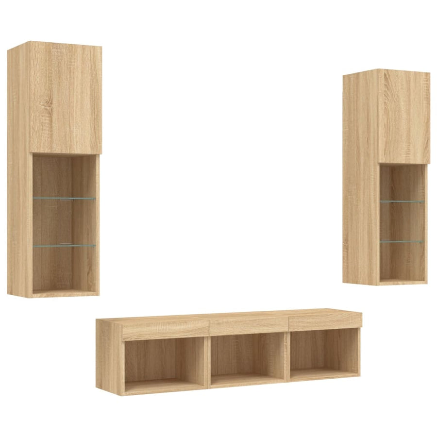 -Delige Tv-Wandmeubelset Met Led Bewerkt Hout Sonoma eiken