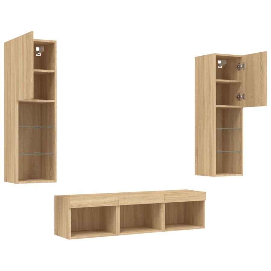 -Delige Tv-Wandmeubelset Met Led Bewerkt Hout Sonoma eiken