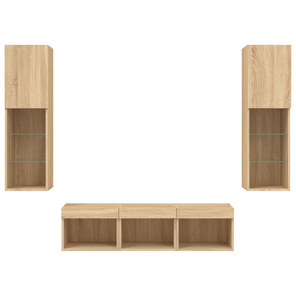 -Delige Tv-Wandmeubelset Met Led Bewerkt Hout Sonoma eiken