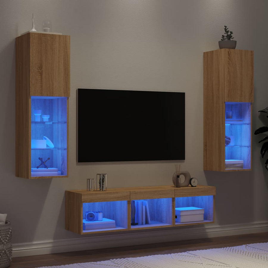 -Delige Tv-Wandmeubelset Met Led Bewerkt Hout Sonoma eiken