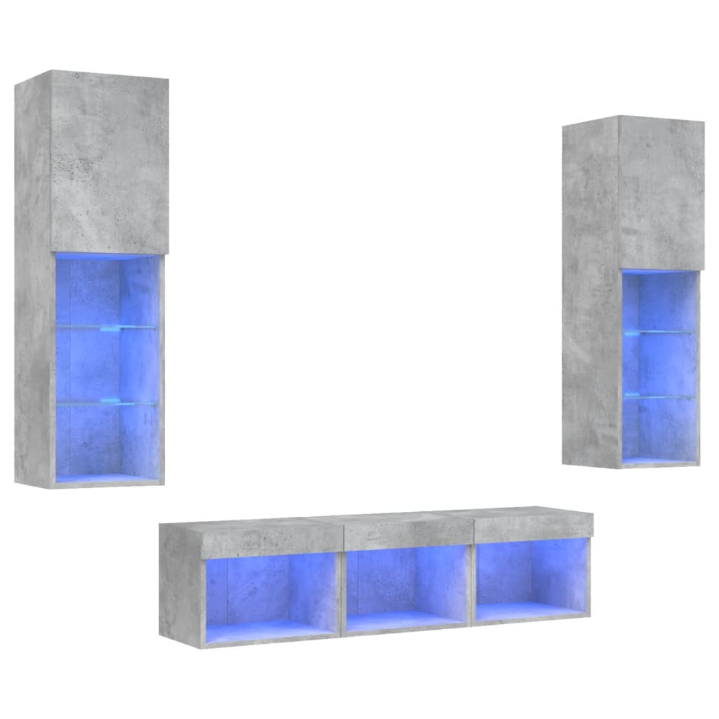-Delige Tv-Wandmeubelset Met Led Bewerkt Hout Betongrijs