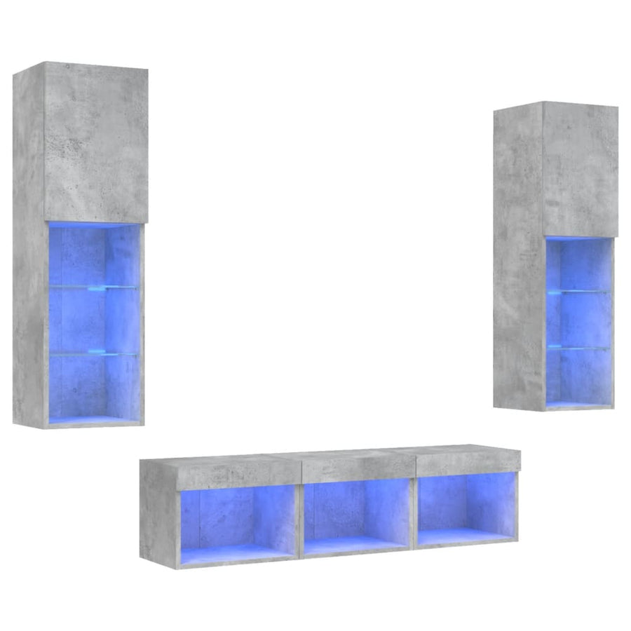 -Delige Tv-Wandmeubelset Met Led Bewerkt Hout Betongrijs