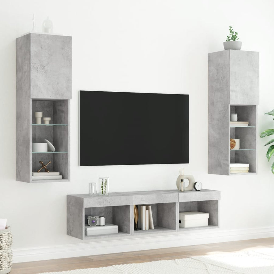 -Delige Tv-Wandmeubelset Met Led Bewerkt Hout Betongrijs