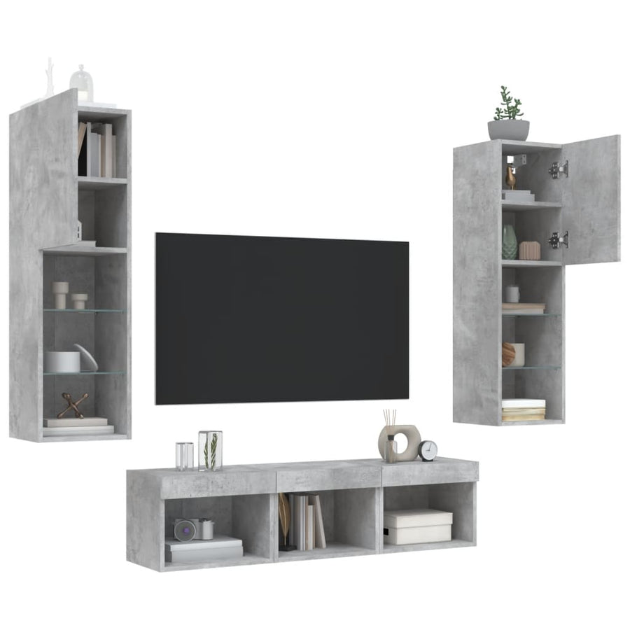 -Delige Tv-Wandmeubelset Met Led Bewerkt Hout Betongrijs