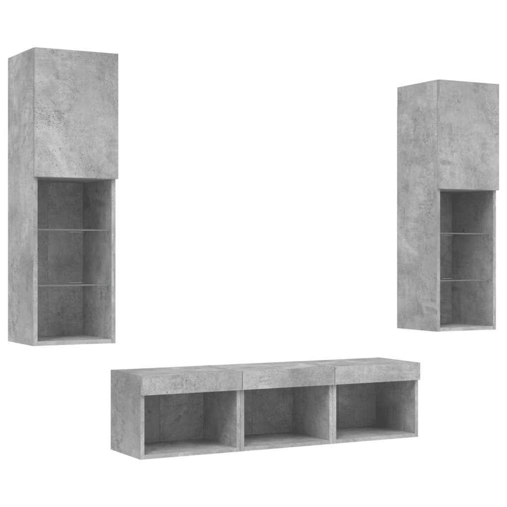 -Delige Tv-Wandmeubelset Met Led Bewerkt Hout Betongrijs