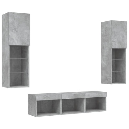 -Delige Tv-Wandmeubelset Met Led Bewerkt Hout Betongrijs