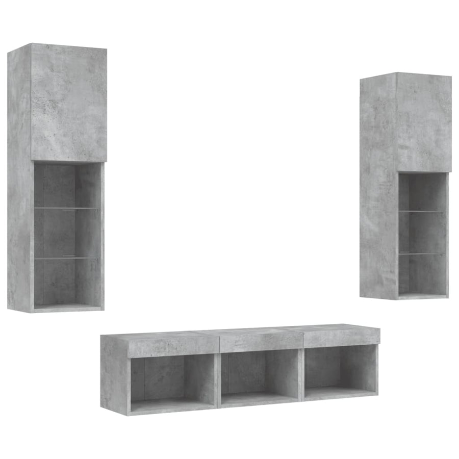 -Delige Tv-Wandmeubelset Met Led Bewerkt Hout Betongrijs