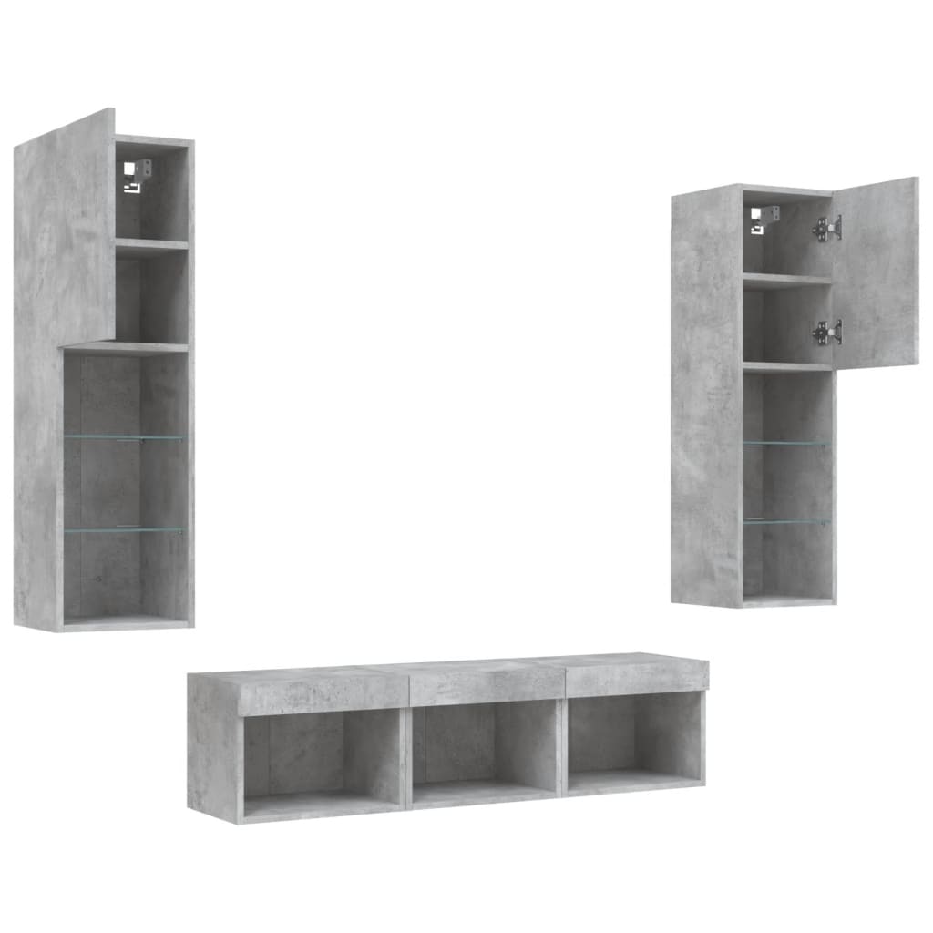 -Delige Tv-Wandmeubelset Met Led Bewerkt Hout Betongrijs
