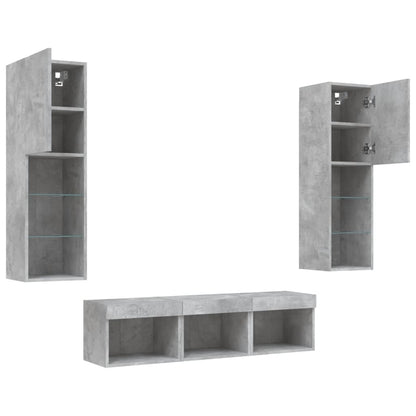 -Delige Tv-Wandmeubelset Met Led Bewerkt Hout Betongrijs