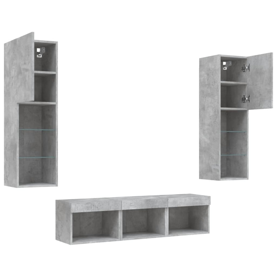 -Delige Tv-Wandmeubelset Met Led Bewerkt Hout Betongrijs