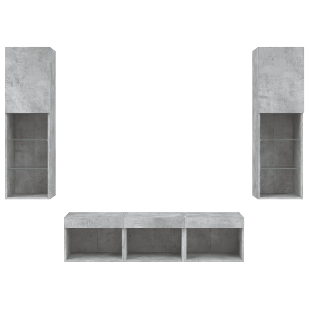 -Delige Tv-Wandmeubelset Met Led Bewerkt Hout Betongrijs
