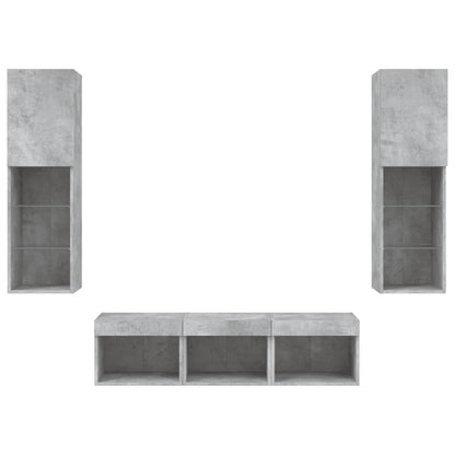 -Delige Tv-Wandmeubelset Met Led Bewerkt Hout Betongrijs