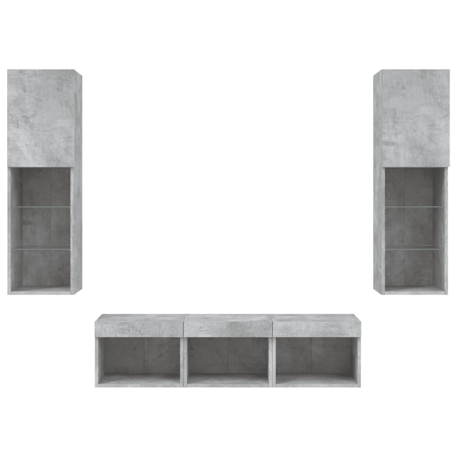 -Delige Tv-Wandmeubelset Met Led Bewerkt Hout Betongrijs