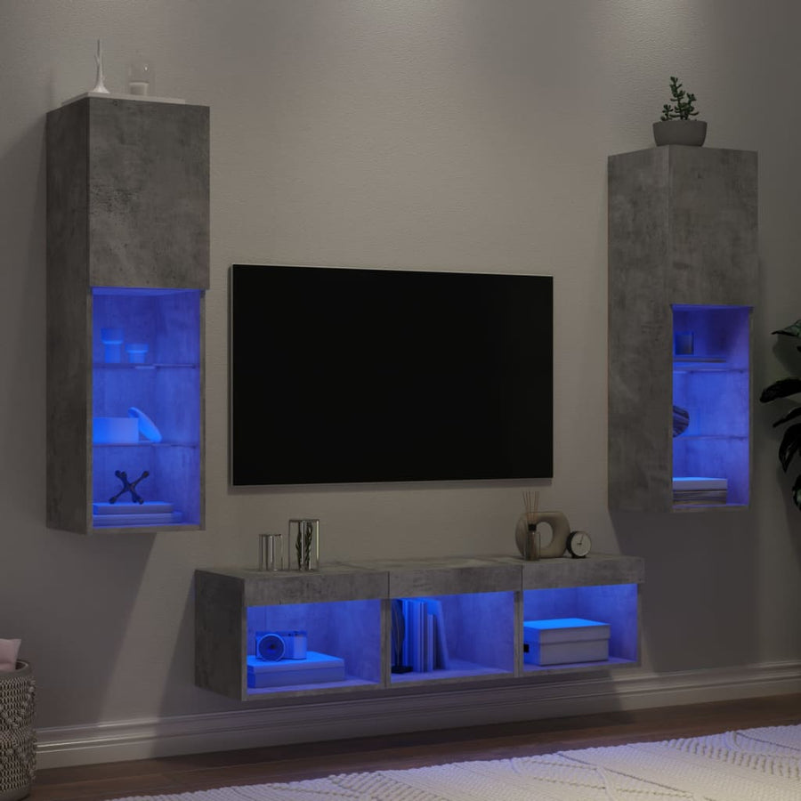 -Delige Tv-Wandmeubelset Met Led Bewerkt Hout Betongrijs