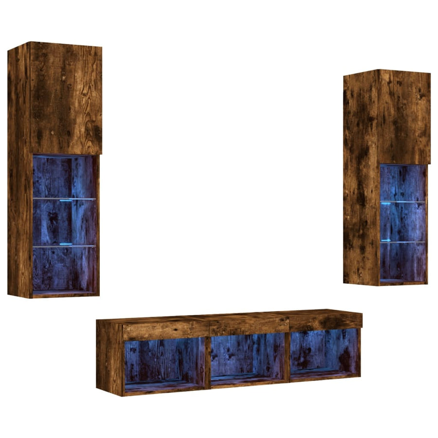 -Delige Tv-Wandmeubelset Met Led Bewerkt Hout Gerookt eiken